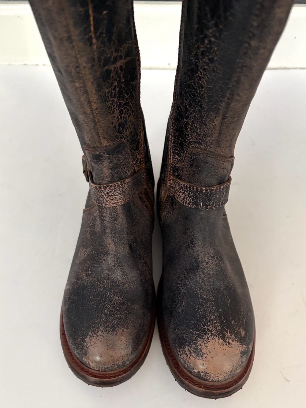 BED STU Glaye Black Lux Distressed Leather Tall Riding Boots Wide Calf size 9.5 - Picture 5 of 16